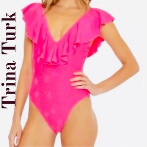 NWT Trina Turk Ruffle Plunge  One Piece Swimsuit